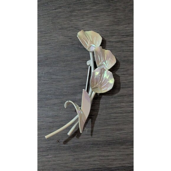 Iridescent Floral Brooch Pin Pastel Pink & Gold Enamel Embellished Tulip Design - Picture 3 of 8